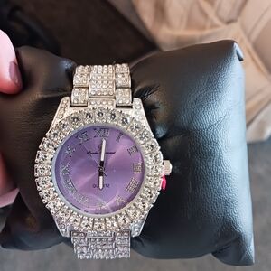 Silver Crystal Bracelet Watch with Purple Dial